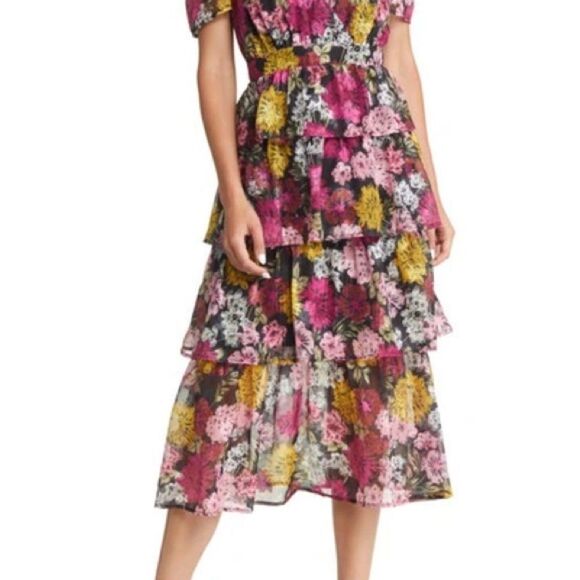 New ADELYN RAE Eliza Floral Print Puff Sleeve Tiered Midi Dress In Pink Sz S - Picture 4 of 8